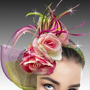 Fabulous Couture Pink and Green Flower Feathers Fascinator Jeweled Headband